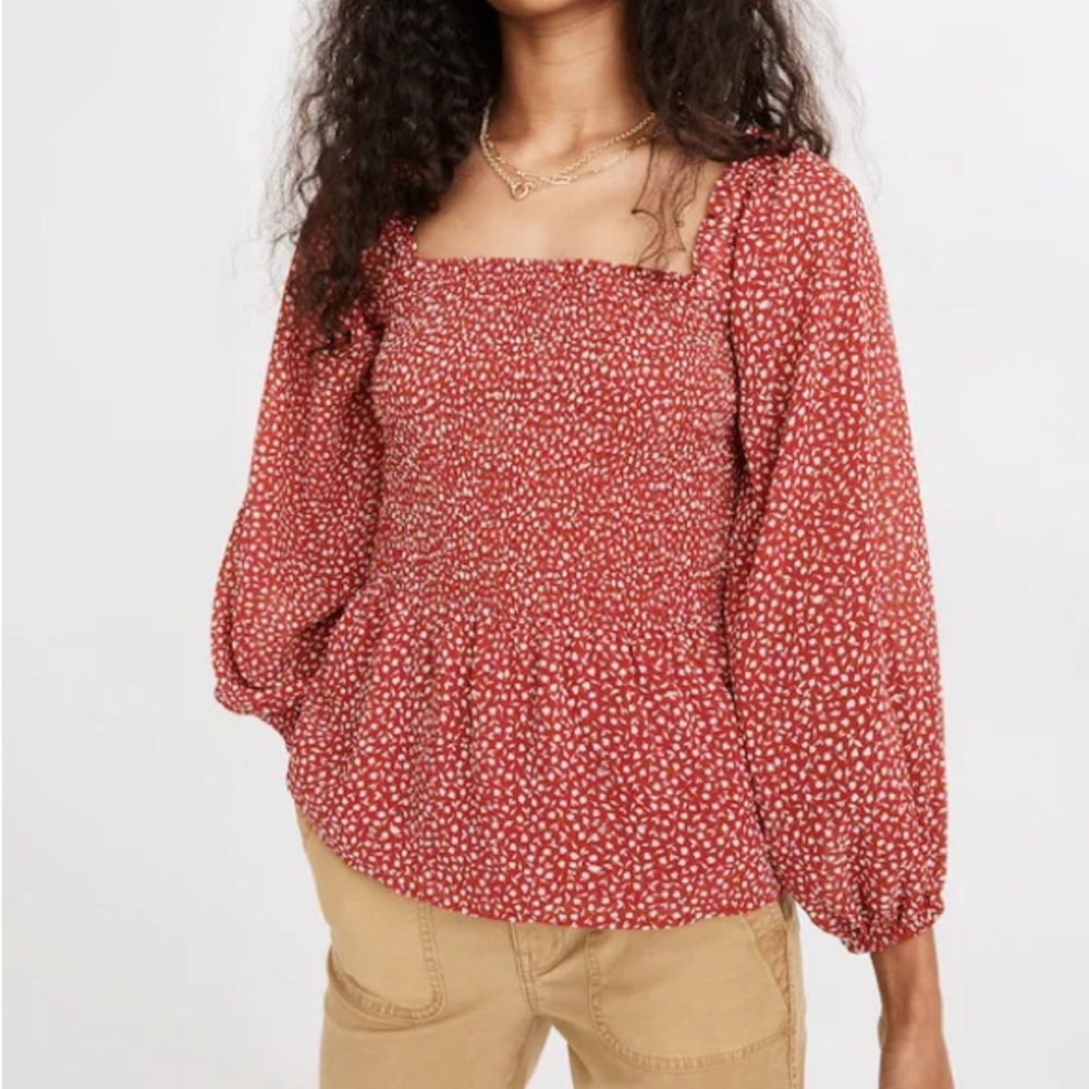 Madewell Georgette Lucie Smocked Peplum Top